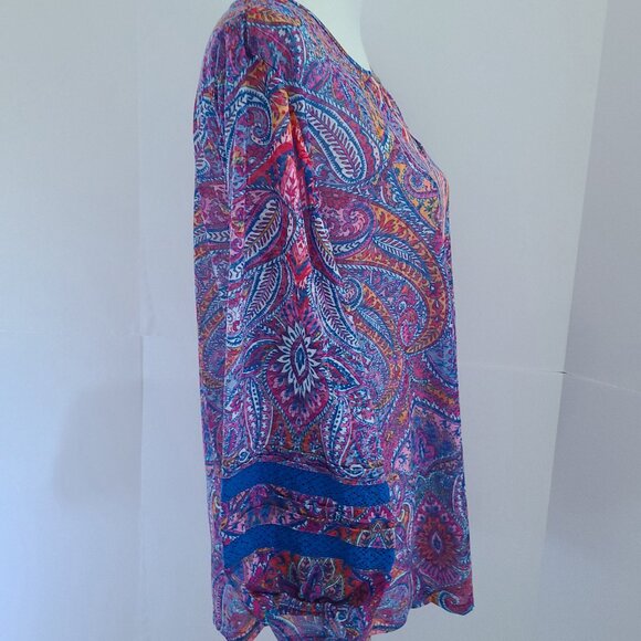 PLUS SIZE RUBY ROAD BRIGHT BLOOMS LACE TRIM PAISLEY BLOUSE SIZE 2X KEYHOLE NECK - Picture 7 of 14